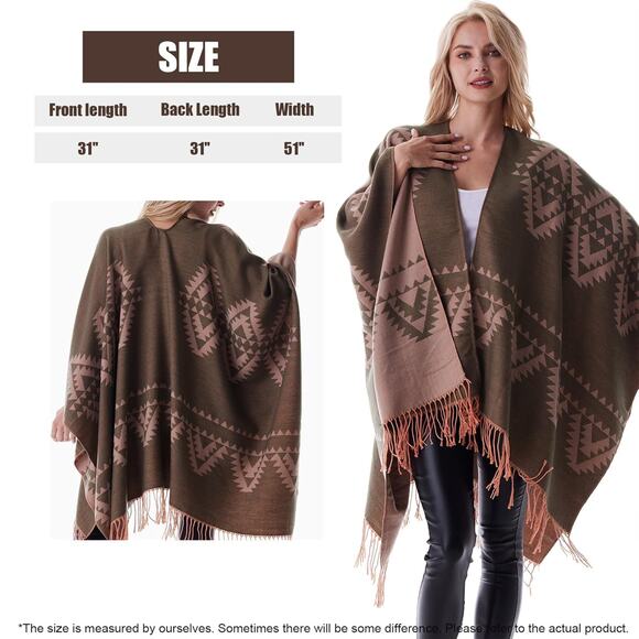 Reversible Aztec Cape Western Southwestern One Size Fits All Khaki Green Soft - Picture 10 of 16